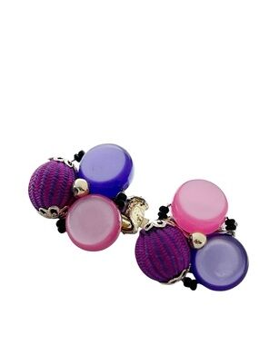 Vintage Mid-Century Japan Signed Pink & Purple Cluster Clip-On Earrings